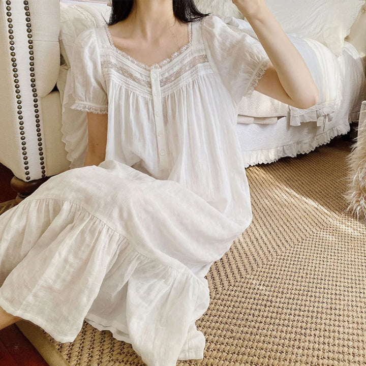 Pure Cotton Victorian Night Dress Women White Short Sleeve - Bliss Berry