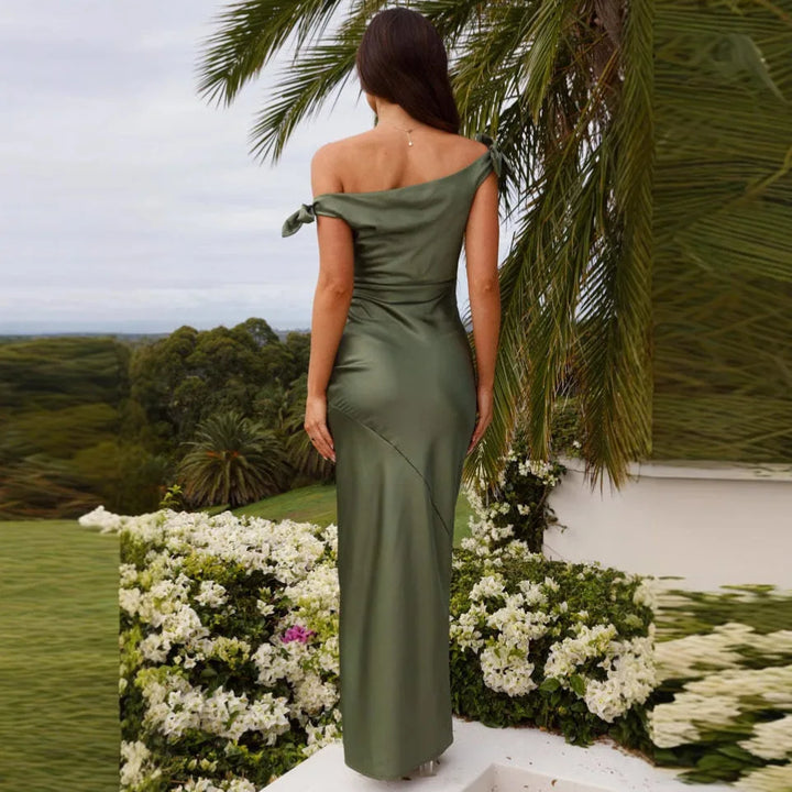 Elegant Satin Off-Shoulder Lace Up Party Long Dress for Women Spring Summer Slim Solid Dresses Female Wedding Evening Robes - Bliss Berry