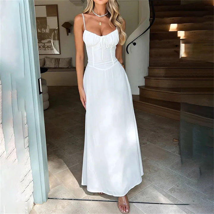 Elegant Solid Camisole Long Dress Women 2025 Summer Chic Lace Up A Line Dresses Temperament Casual Party Holiday Vestidos Robes - Bliss Berry