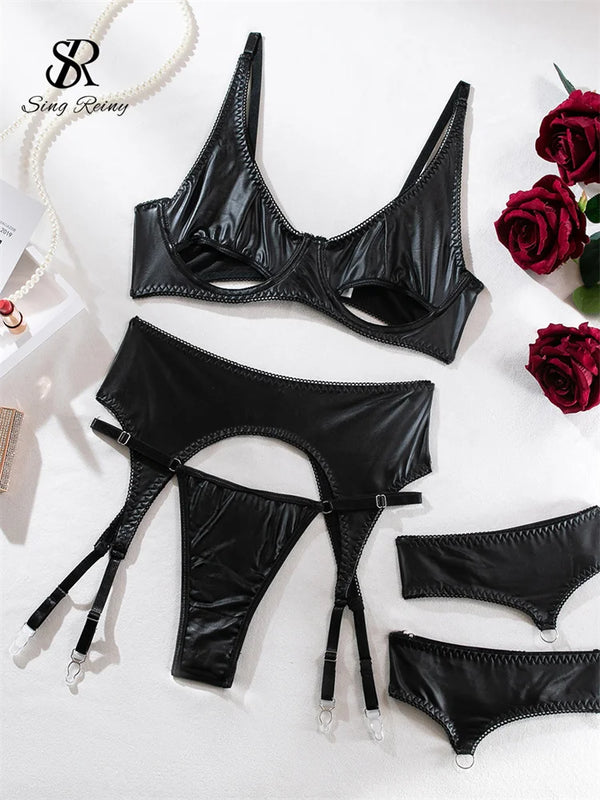 SINGREINY Sexy Leather Lingereie Bra&Briefs Suits - Bliss Berry