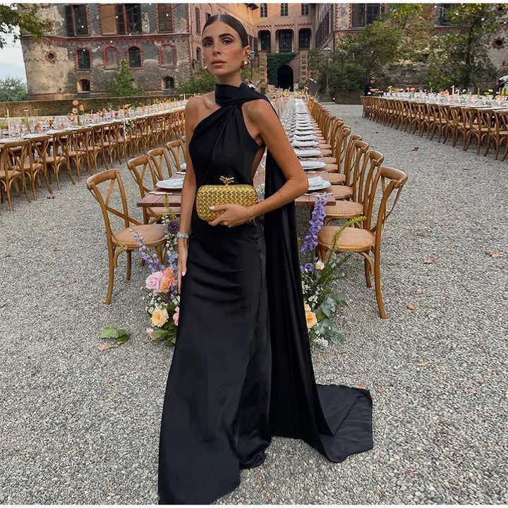 Elegant Solid Ribbon Women Halter Dress Off Shoulder Sleeveless Backless Slim Female Maxi Dresses 2025 Summer New Chic Lady Robe - Bliss Berry