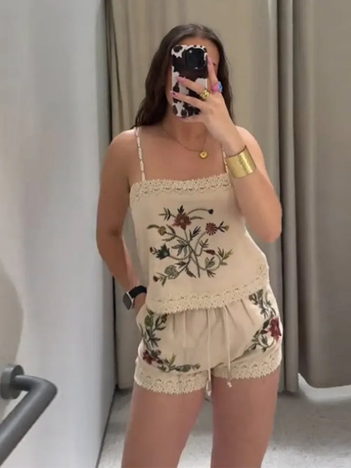 Lace Embroidered Halter Top Shorts Set Vacation - Bliss Berry