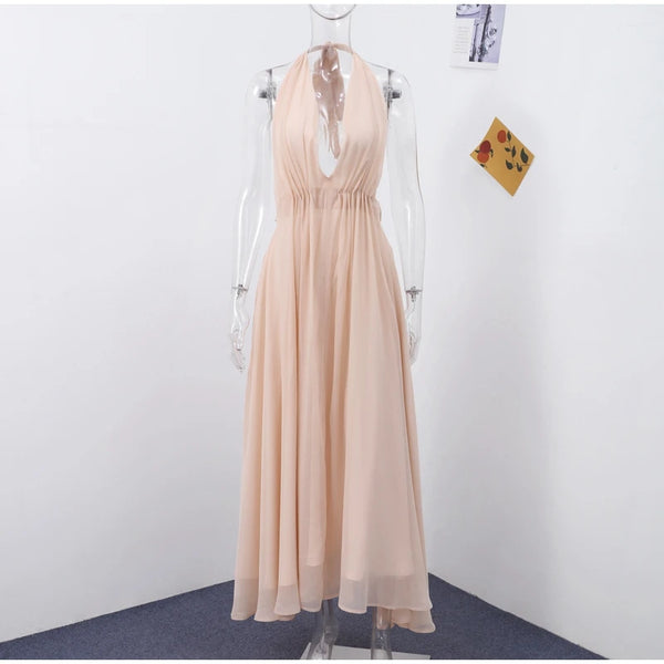 Elegant Deep V Neck Backless Maxi Dress Sleeveless Chiffon Lace Up Halter Robes Solid Wedding Party Vestidos New Lady Dresses - Bliss Berry