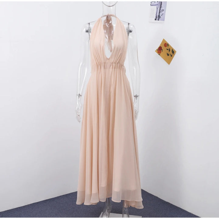 Elegant Deep V Neck Backless Maxi Dress Sleeveless Chiffon Lace Up Halter Robes Solid Wedding Party Vestidos New Lady Dresses - Bliss Berry