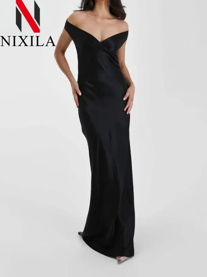 New Summer Satin Bow Backless Sexy Maxi Dress for Women Gown Fashion V Neck Sleeveless Club Party Evening Dress Elegant Clothing - Bliss Berry