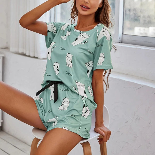 Women Pajamas Sets Short Sleeve Nightwear Top and Pants Sleepwear 2 Piece Pjs Loungewear Cartoon Print Pyjamas Set Nightwear - Bliss Berry