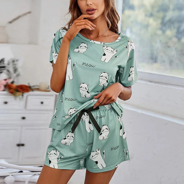 Women Pajamas Sets Short Sleeve Nightwear Top and Pants Sleepwear 2 Piece Pjs Loungewear Cartoon Print Pyjamas Set Nightwear - Bliss Berry