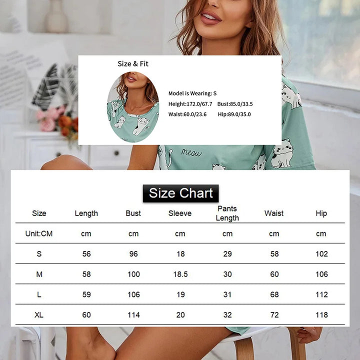 Women Pajamas Sets Short Sleeve Nightwear Top and Pants Sleepwear 2 Piece Pjs Loungewear Cartoon Print Pyjamas Set Nightwear - Bliss Berry