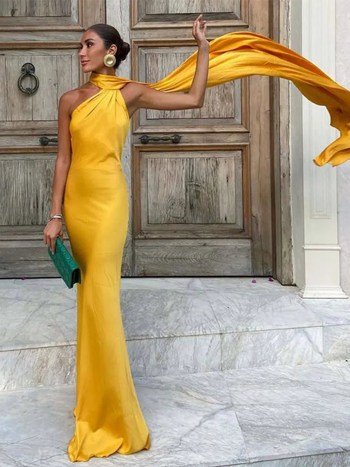 Elegant Solid Ribbon Women Halter Dress Off Shoulder Sleeveless Backless Slim Female Maxi Dresses 2025 Summer New Chic Lady Robe - Bliss Berry