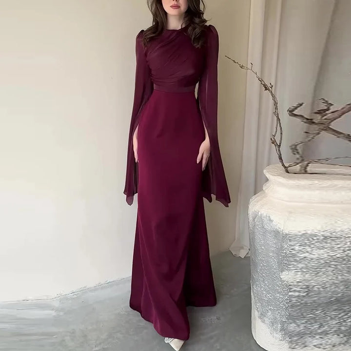 Fashion Satin Solid Robe Dress Ladies Temperament O-neck Slim Evening Dress Elegant Batwing Sleeves High Waist Pleats Long Dress - Bliss Berry
