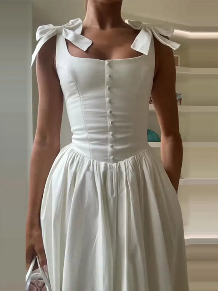 Solid Women's Long Dress Elegant Square Collar Sleeveless Draped  Lace Up Bow A-line Dresses Female 2025 Summer Lady Party Robes - Bliss Berry