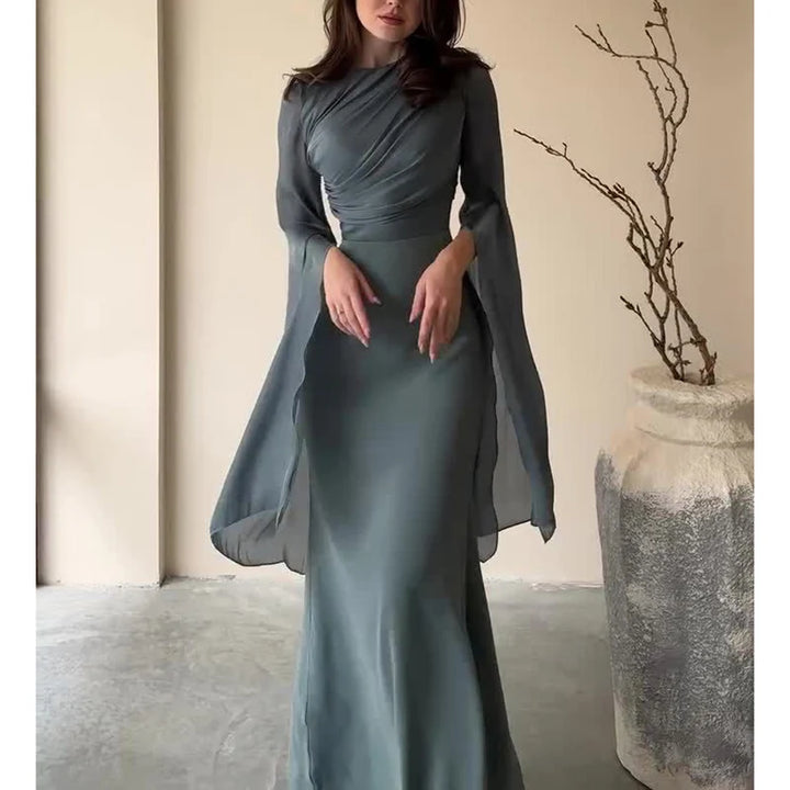 Fashion Satin Solid Robe Dress Ladies Temperament O-neck Slim Evening Dress Elegant Batwing Sleeves High Waist Pleats Long Dress - Bliss Berry