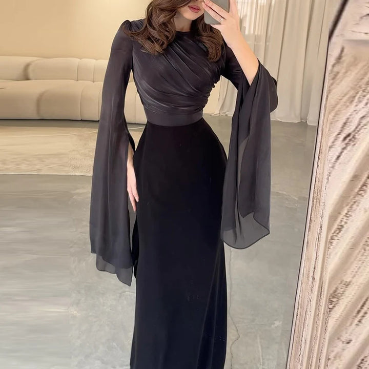 Fashion Satin Solid Robe Dress Ladies Temperament O-neck Slim Evening Dress Elegant Batwing Sleeves High Waist Pleats Long Dress - Bliss Berry
