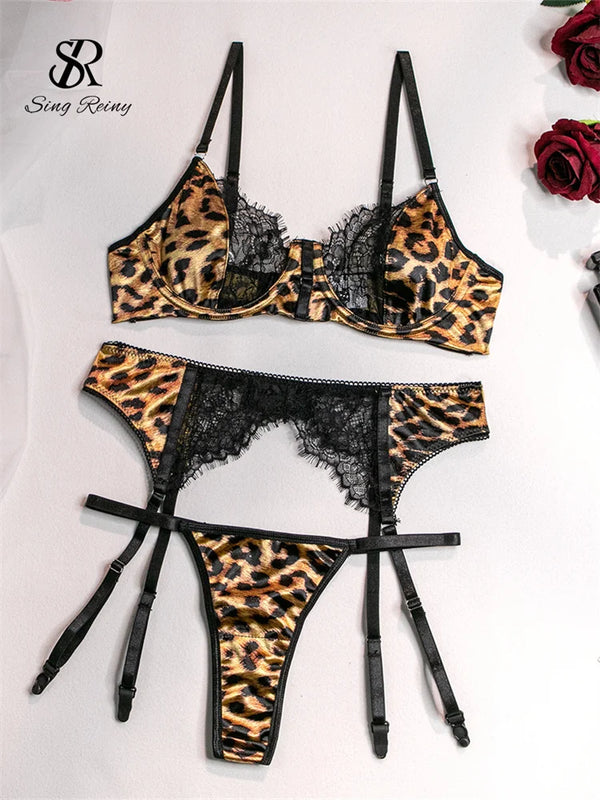 SINGREINY Leopard Lace Spliced Sensual Bra&Briefs Suits - Bliss Berry