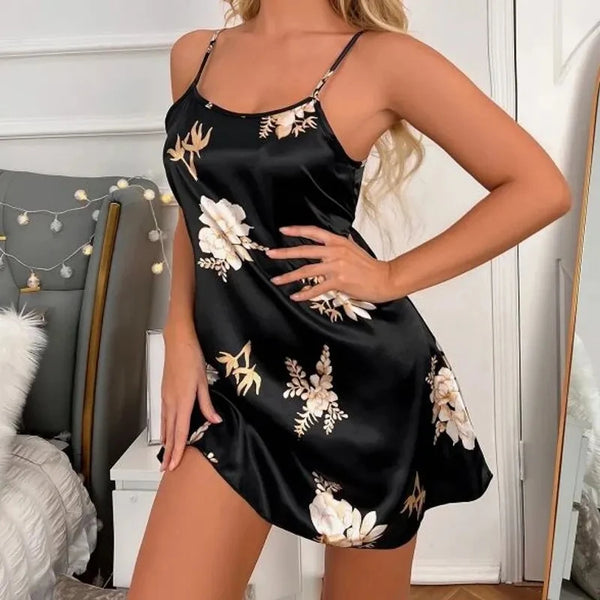Women Nightwear Home Clothes Sexy Black Floral Printing - Bliss Berry
