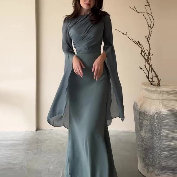 Fashion Satin Solid Robe Dress Ladies Temperament O-neck Slim Evening Dress Elegant Batwing Sleeves High Waist Pleats Long Dress - Bliss Berry
