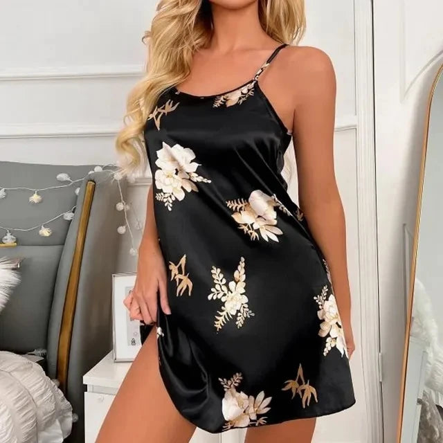 Women Nightwear Home Clothes Sexy Black Floral Printing - Bliss Berry
