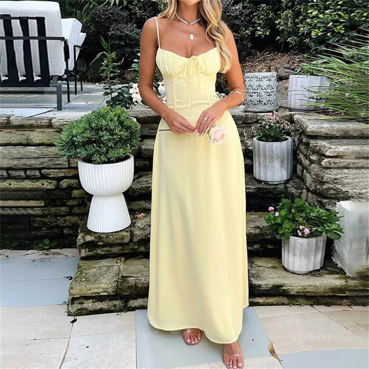 Elegant Solid Camisole Long Dress Women 2025 Summer Chic Lace Up A Line Dresses Temperament Casual Party Holiday Vestidos Robes - Bliss Berry