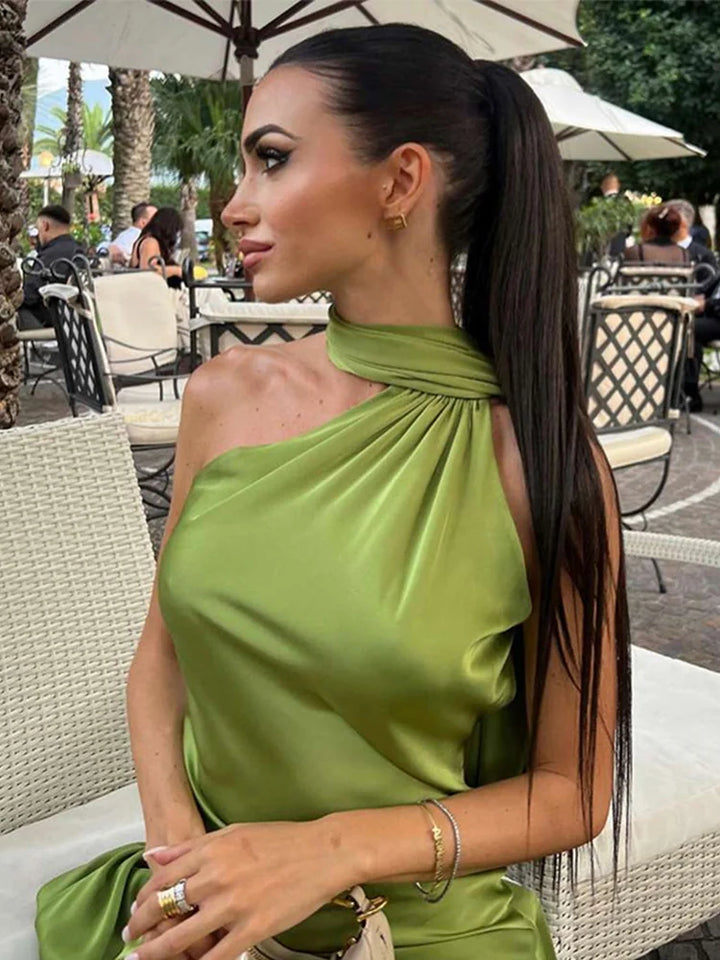 Elegant Solid Ribbon Women Halter Dress Off Shoulder Sleeveless Backless Slim Female Maxi Dresses 2025 Summer New Chic Lady Robe - Bliss Berry