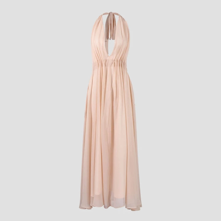 Elegant Deep V Neck Backless Maxi Dress Sleeveless Chiffon Lace Up Halter Robes Solid Wedding Party Vestidos New Lady Dresses - Bliss Berry