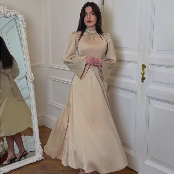 Solid Elegant Bandage Maxi Dress Silk Long Round Neck Satin Long Sleeve Slim Skirt Evening Party Dresses Chic Robes - Bliss Berry