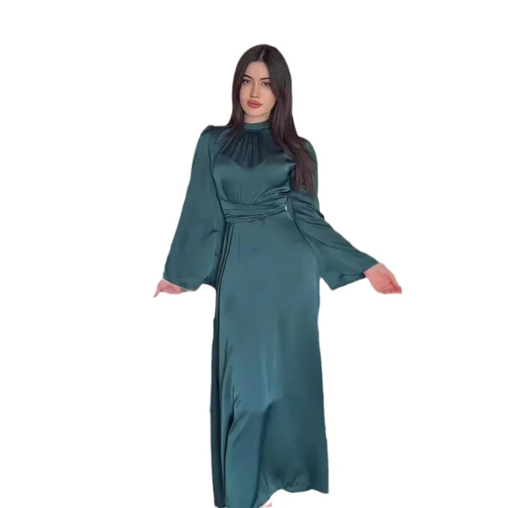 Solid Elegant Bandage Maxi Dress Silk Long Round Neck Satin Long Sleeve Slim Skirt Evening Party Dresses Chic Robes - Bliss Berry