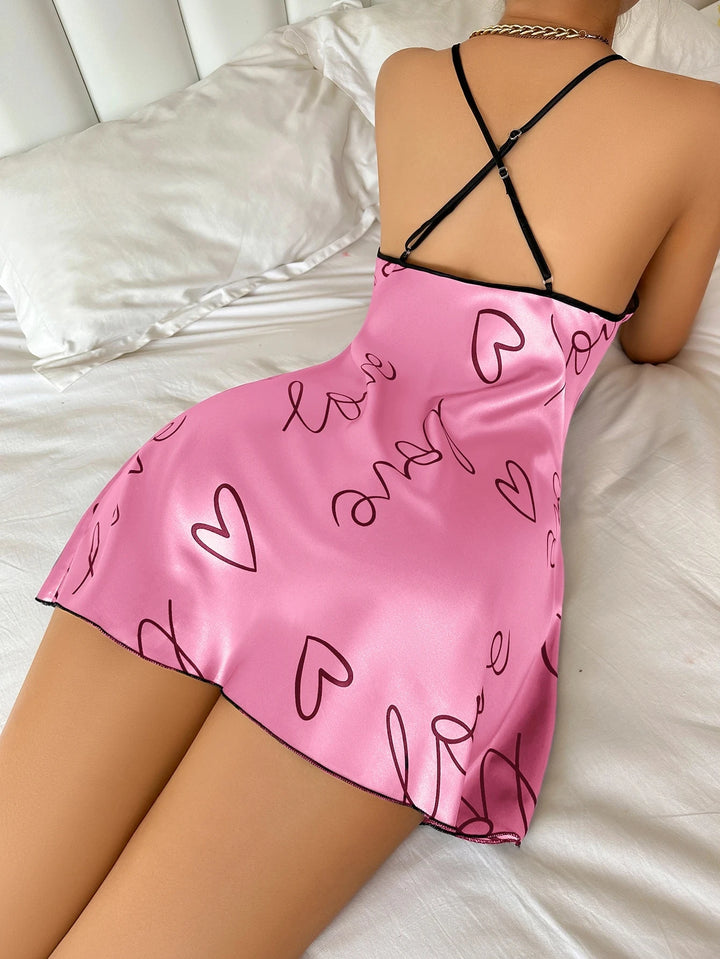 Heart Letter Print Nightdress Casual Round Neck - Bliss Berry