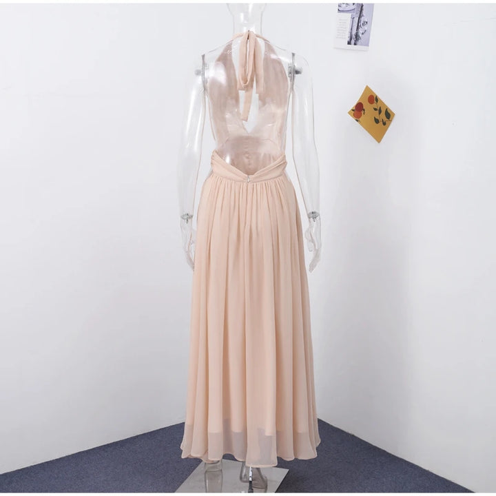 Elegant Deep V Neck Backless Maxi Dress Sleeveless Chiffon Lace Up Halter Robes Solid Wedding Party Vestidos New Lady Dresses - Bliss Berry