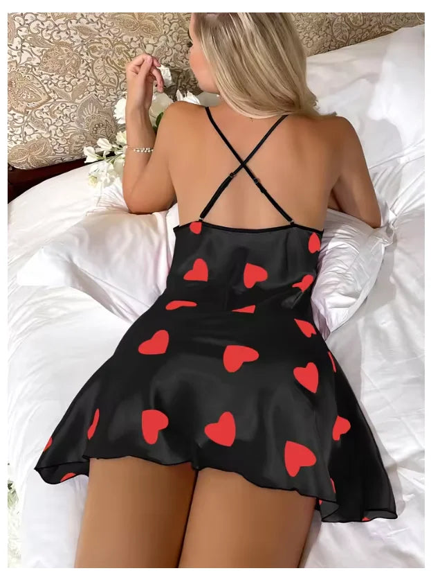 Heart Print Slip Nightdress Casual Crew Neck - Bliss Berry