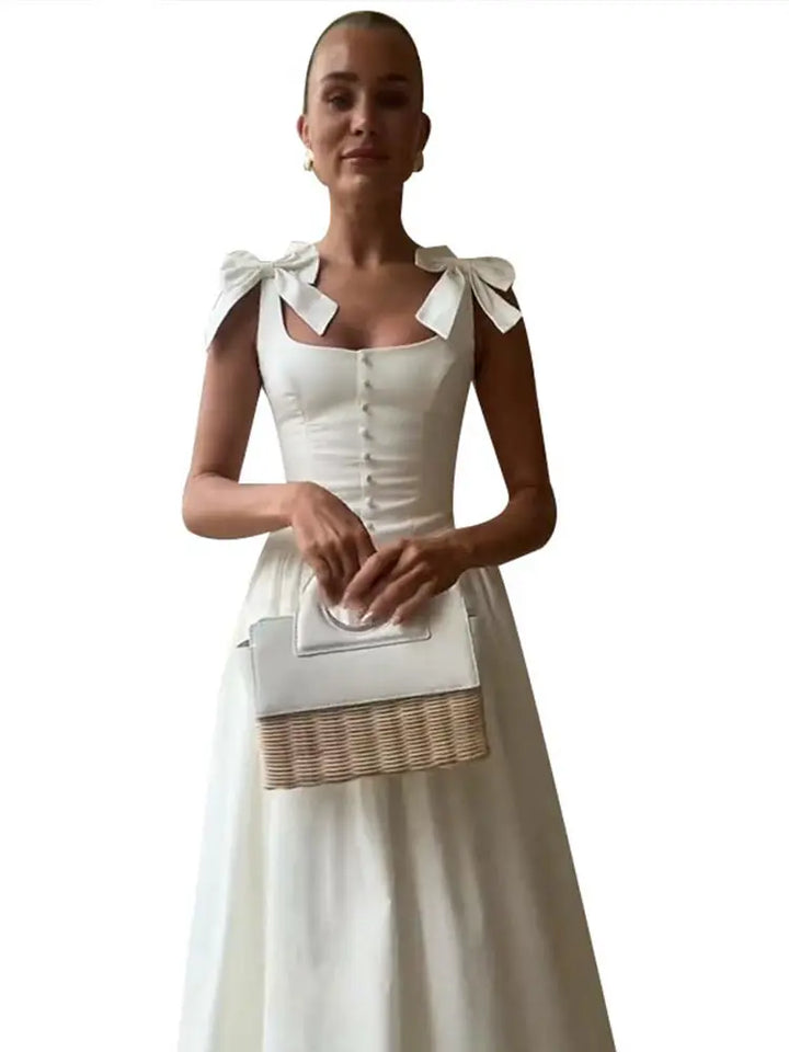 Solid Women's Long Dress Elegant Square Collar Sleeveless Draped  Lace Up Bow A-line Dresses Female 2025 Summer Lady Party Robes - Bliss Berry