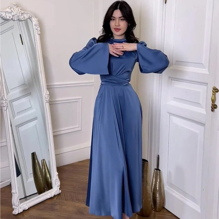 Solid Elegant Bandage Maxi Dress Silk Long Round Neck Satin Long Sleeve Slim Skirt Evening Party Dresses Chic Robes - Bliss Berry