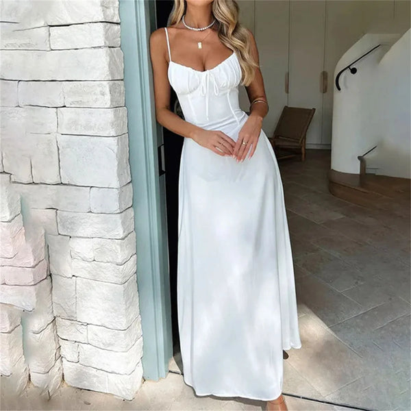 Elegant Solid Camisole Long Dress Women 2025 Summer Chic Lace Up A Line Dresses Temperament Casual Party Holiday Vestidos Robes - Bliss Berry