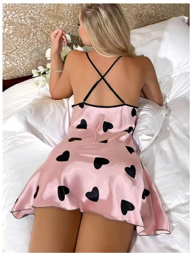 Heart Print Slip Nightdress Casual Crew Neck - Bliss Berry