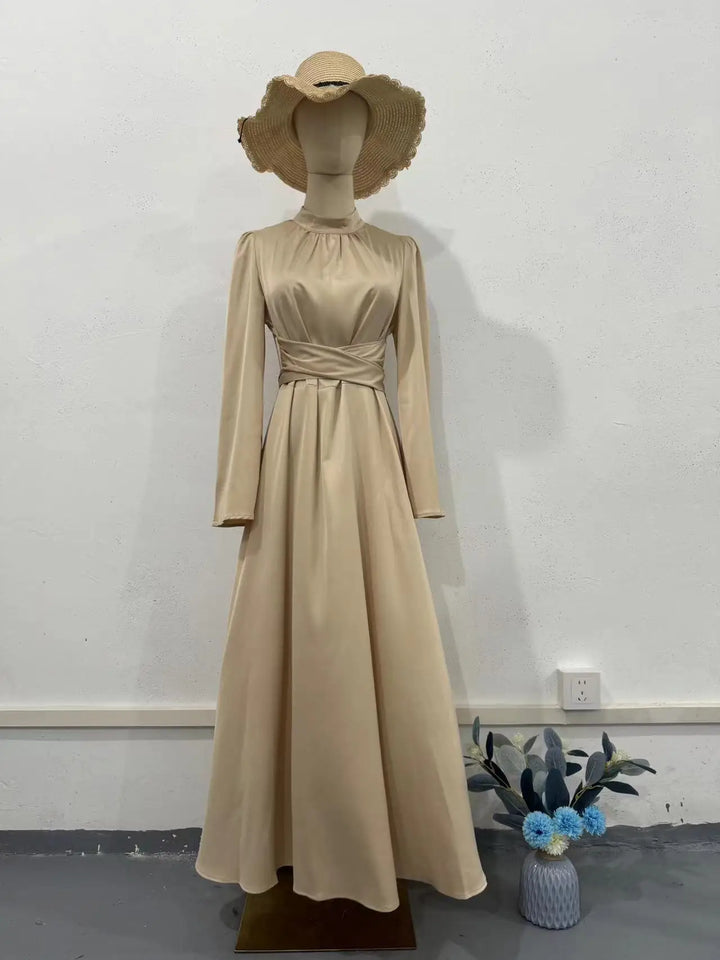 Solid Elegant Bandage Maxi Dress Silk Long Round Neck Satin Long Sleeve Slim Skirt Evening Party Dresses Chic Robes - Bliss Berry