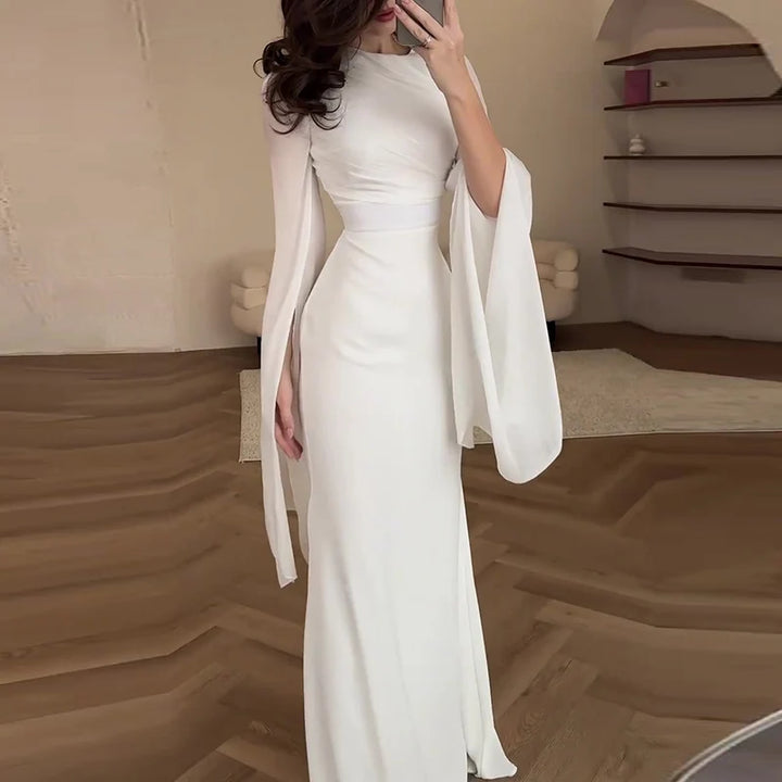 Fashion Satin Solid Robe Dress Ladies Temperament O-neck Slim Evening Dress Elegant Batwing Sleeves High Waist Pleats Long Dress - Bliss Berry