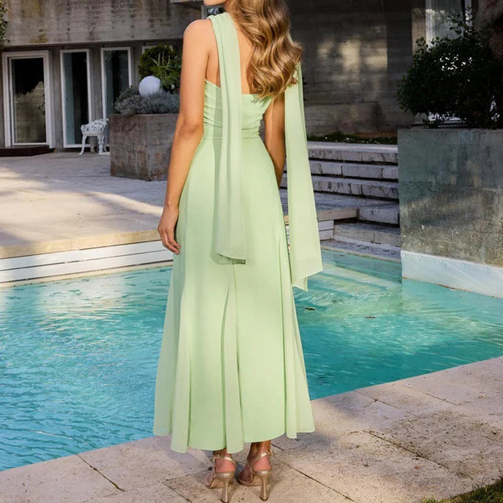 Elegant Hollow Out Backless High Waist A-line Dress Fashion Sleeveless Solid Long Dress Chiffon Ribbon Slim Women's Party Dress - Bliss Berry