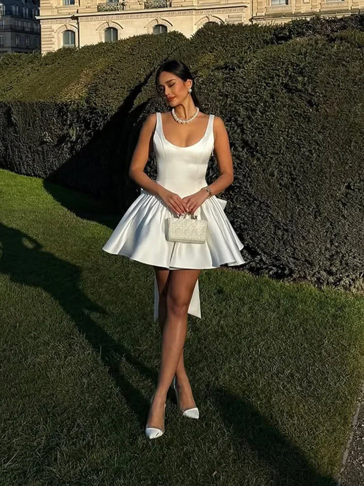 Elegant 3d Bow Backless White Mini Dress Women Fashion Sling A-line Pleated Vestidos  Spring Summer Lady Party Evening Gown - Bliss Berry
