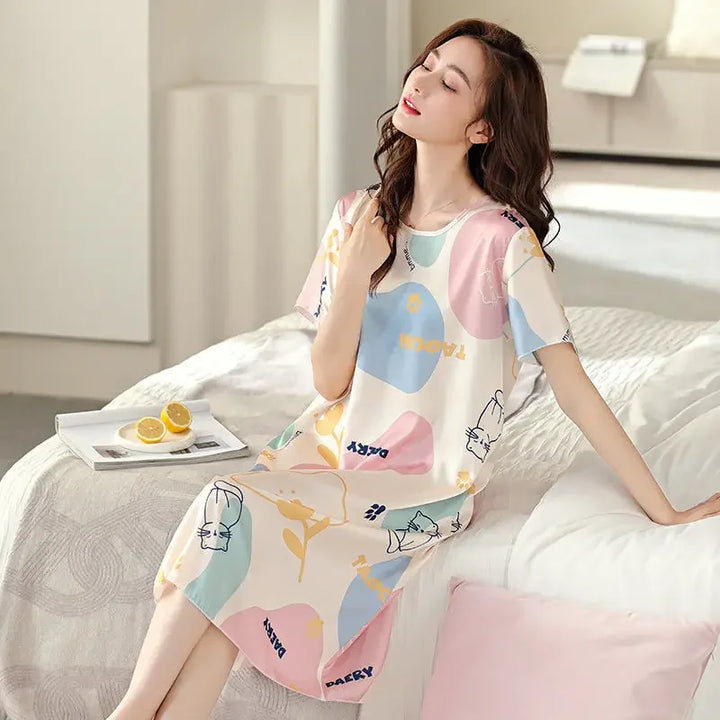Nightgown Women Summer Ice Silk Pajamas Short - Bliss Berry