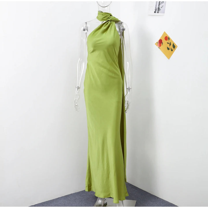 Elegant Solid Ribbon Women Halter Dress Off Shoulder Sleeveless Backless Slim Female Maxi Dresses 2025 Summer New Chic Lady Robe - Bliss Berry