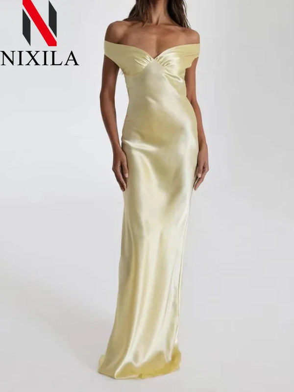 New Summer Satin Bow Backless Sexy Maxi Dress for Women Gown Fashion V Neck Sleeveless Club Party Evening Dress Elegant Clothing - Bliss Berry