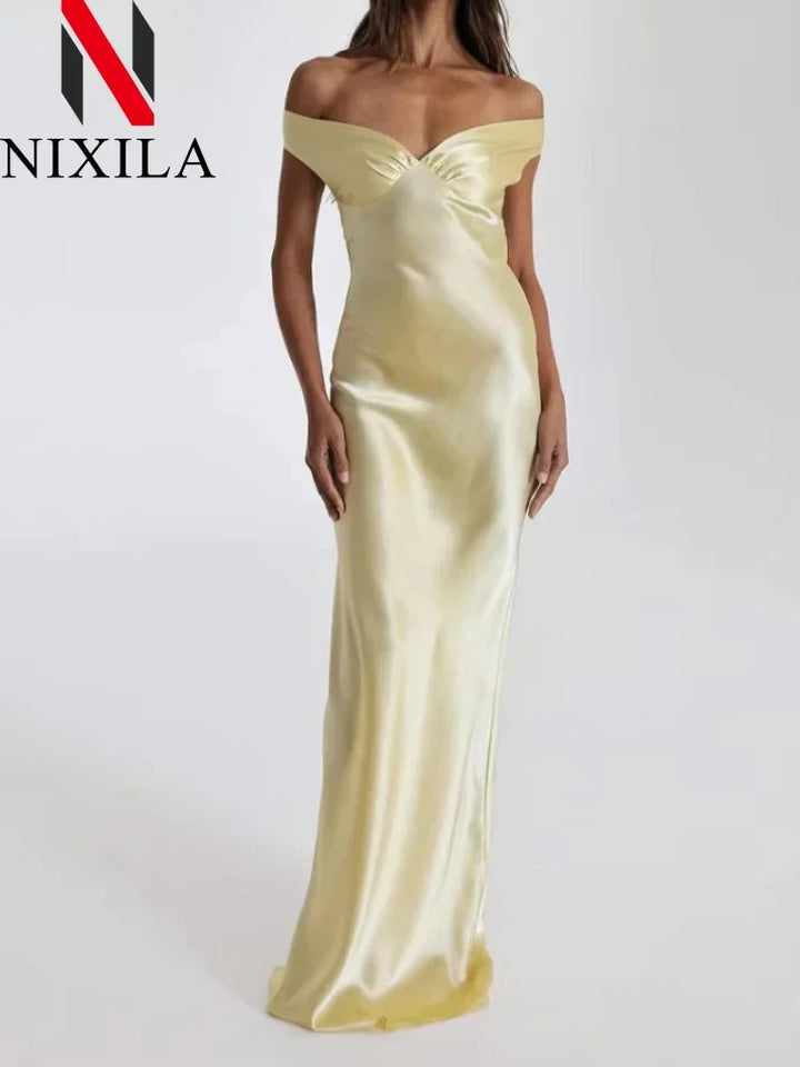 New Summer Satin Bow Backless Sexy Maxi Dress for Women Gown Fashion V Neck Sleeveless Club Party Evening Dress Elegant Clothing - Bliss Berry