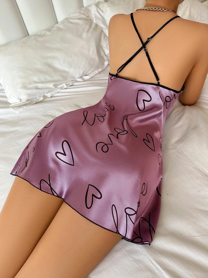Heart Letter Print Nightdress Casual Round Neck - Bliss Berry