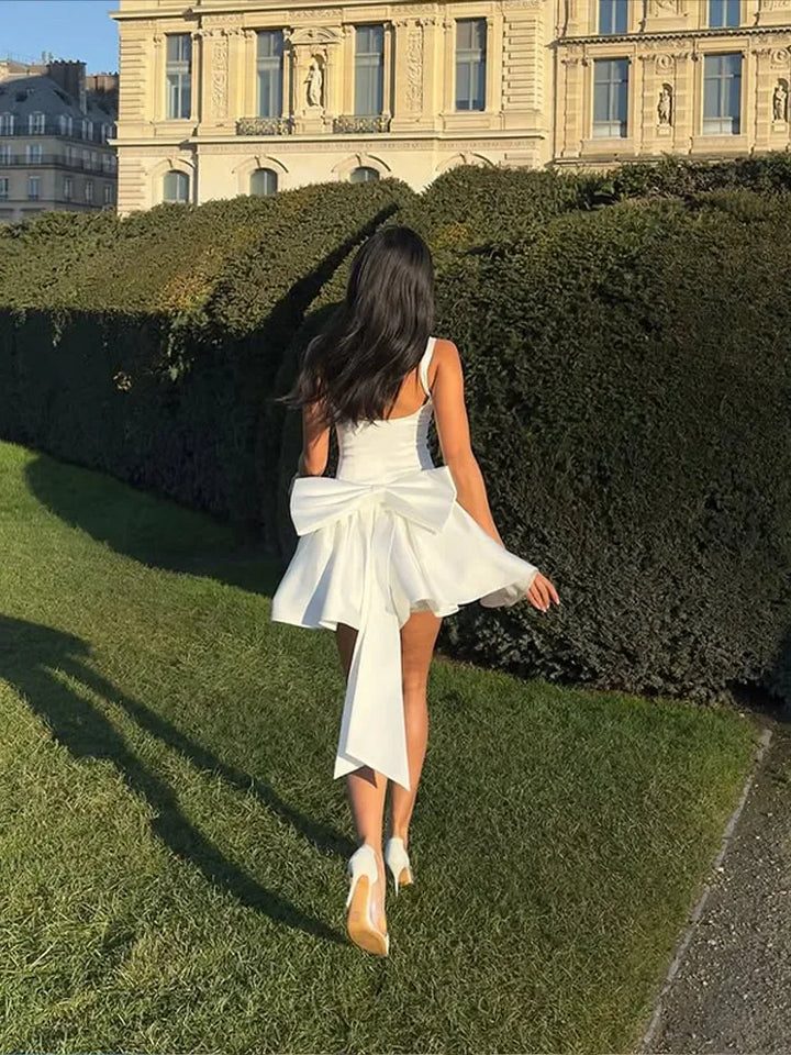Elegant 3d Bow Backless White Mini Dress Women Fashion Sling A-line Pleated Vestidos  Spring Summer Lady Party Evening Gown - Bliss Berry