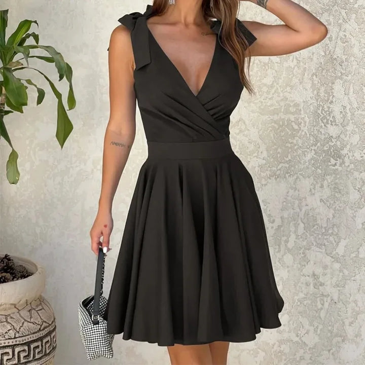 Women's Elegant Black Bow Bandage Dress V-Neck Sleeveless Sexy Party Ruffle Dress Summer New Fashion 9208 - Bliss Berry