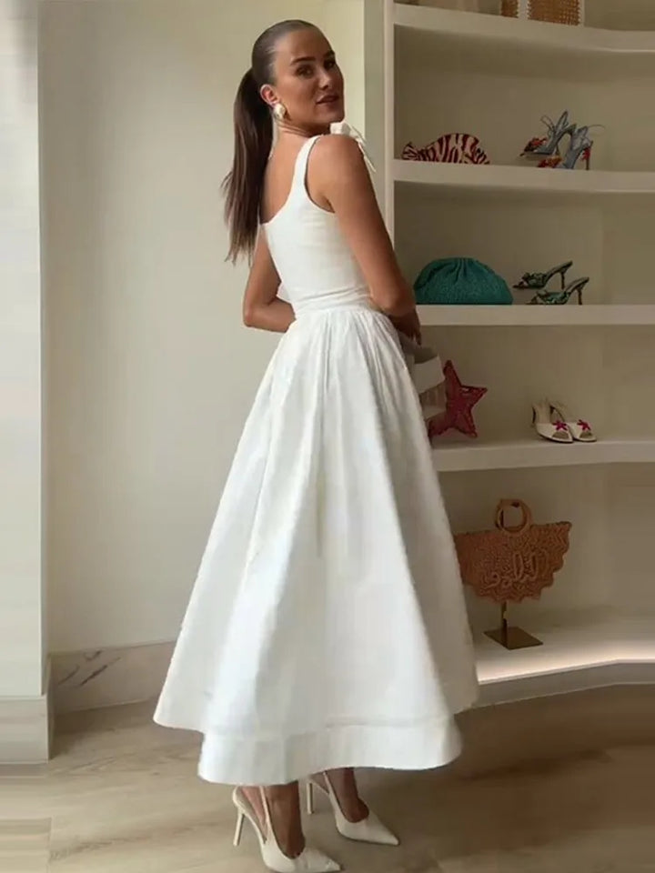 Solid Women's Long Dress Elegant Square Collar Sleeveless Draped  Lace Up Bow A-line Dresses Female 2025 Summer Lady Party Robes - Bliss Berry