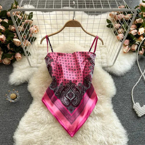 Women Sexy Backless asymmetrical lace-up Camis Print - Bliss Berry
