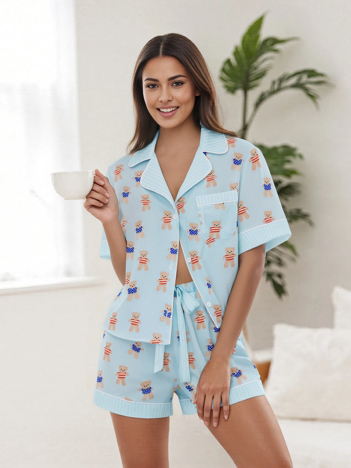 Women s Cute Summer Pajamas Set with Adorable Bear Print - Bliss Berry