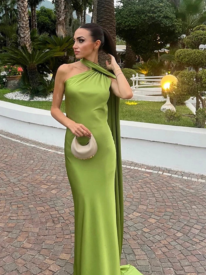 Elegant Solid Ribbon Women Halter Dress Off Shoulder Sleeveless Backless Slim Female Maxi Dresses 2025 Summer New Chic Lady Robe - Bliss Berry