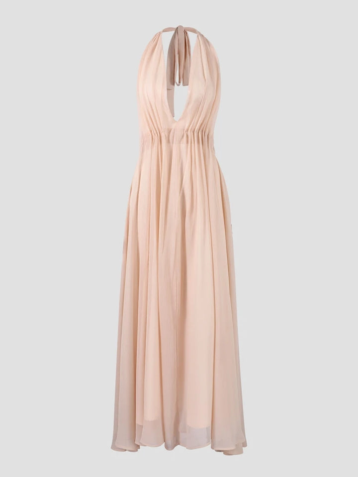 Elegant Deep V Neck Backless Maxi Dress Sleeveless Chiffon Lace Up Halter Robes Solid Wedding Party Vestidos New Lady Dresses - Bliss Berry