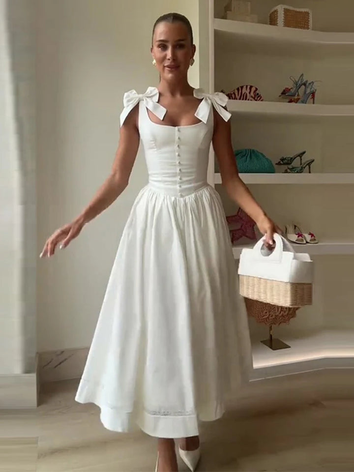 Solid Women's Long Dress Elegant Square Collar Sleeveless Draped  Lace Up Bow A-line Dresses Female 2025 Summer Lady Party Robes - Bliss Berry